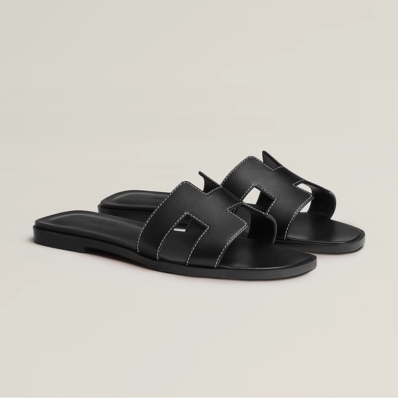 Hermes Shoes - Hermes Black Leather Oran Slide Sandals New 39.5